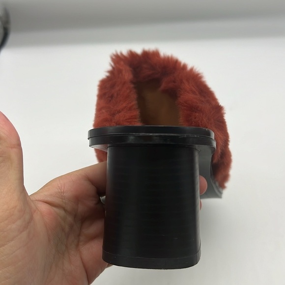 Zara - Brick Red Faux Fur  Slip On Open Toe Wide Block Mule Heels Size 39 - Picture 6 of 14